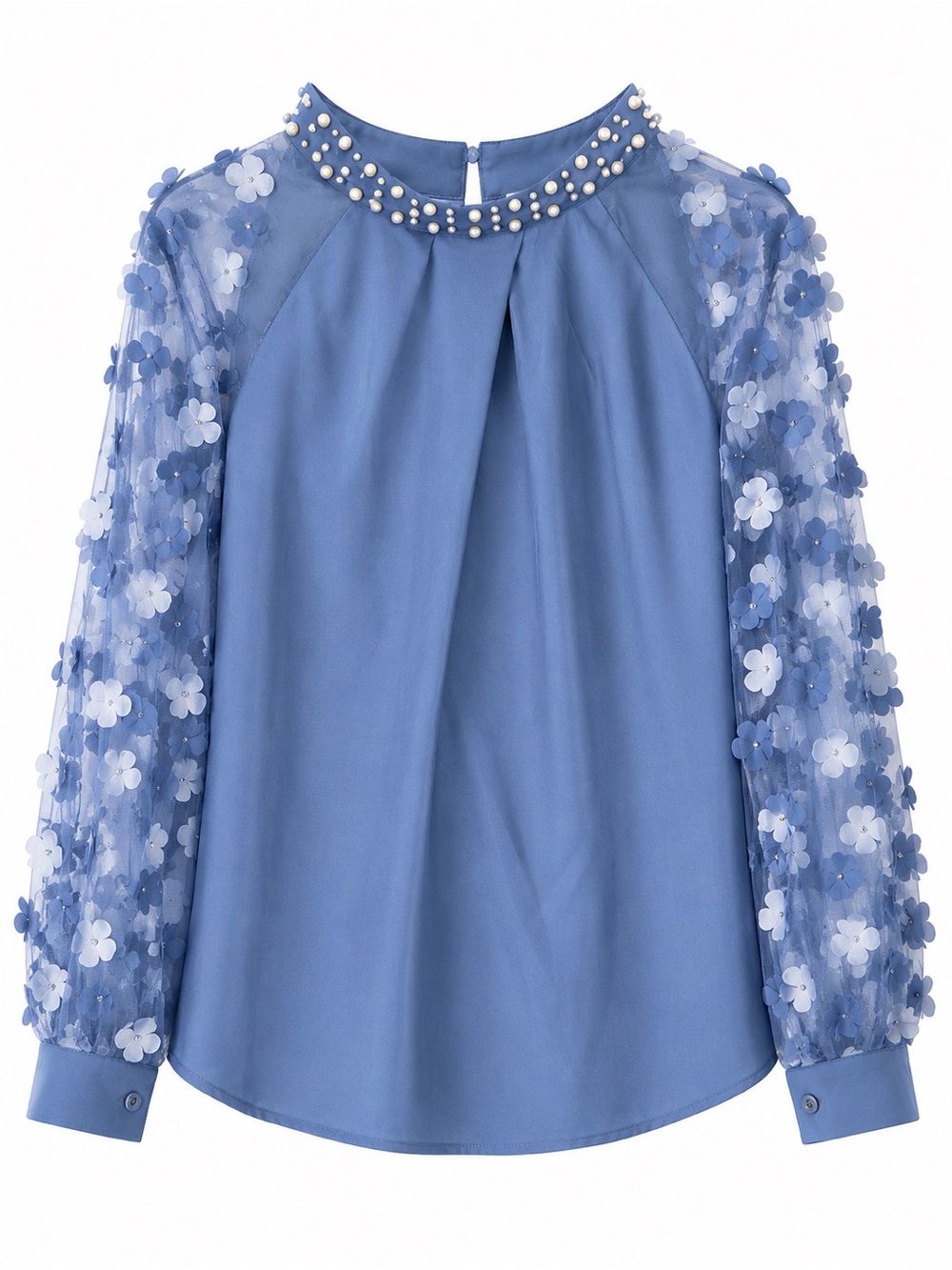 Pearl-Embellished Periwinkle Floral-Sleeve Blouse